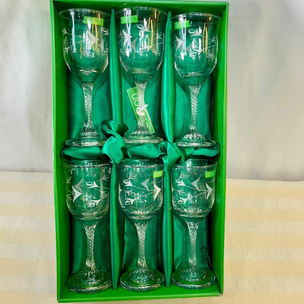 Eamon Willow Hand Cut Clear Sherry Wine Glasses Twisted Stem Ireland Boxed VTG